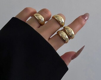 Vintage Metal Curved Adjustable 4 Rings Set- Punk Gold Color Thick Ring Collection For Womrn- Hip Hop Jewelry