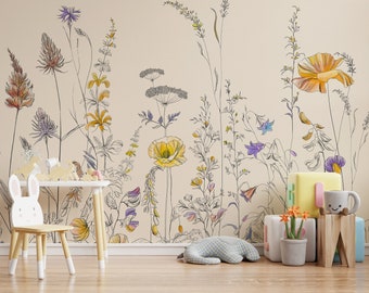 Wildblumen Kinderzimmer Blumentapete, Schälen und Aufkleben Blumentapete, Abnehmbares selbstklebendes Wandtattoo, Blumen Aquarell, Botanisches Wandbild