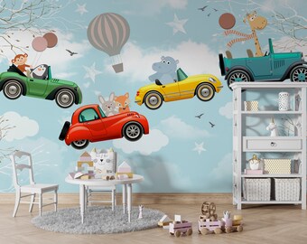 Flying Cars and Animals Wallpaper for Kids Wall Decor, Baby Boy Wall Murals Removable and Self Adhesive, Wall Sticker Decals for Kids Room