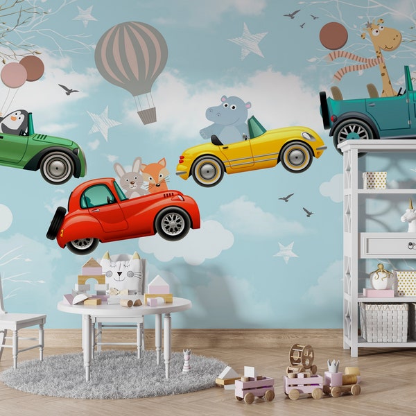 Flying Cars and Animals Wallpaper for Kids Wall Decor, Baby Boy Wall Murals Removable and Self Adhesive, Wall Sticker Decals for Kids Room