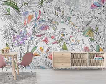 Abstrakte Kinderzimmer-Blumentapete, Blumentapete zum Abziehen und Aufkleben, abnehmbarer selbstklebender Wandaufkleber, florales Aquarell, botanisches Wandbild