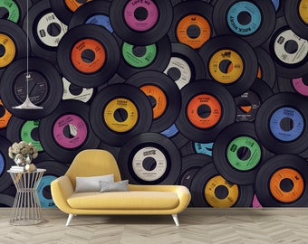 45 U/min Disc-Tapete, Schallplatten-Tapete zum Abziehen und Aufkleben, Studio-Interieur-Tapete, selbstklebendes Wandbild, Music Black Art Decor