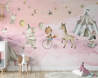 Roze Wonderland dieren behang muurschilderingen - verwijderbare en zelfklevende kinderkamer wanddecoratie