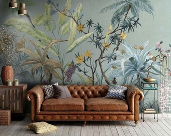 Grüne Insel tropische Landschaftstapete, tropische Wandgemälde, selbstklebende botanische Landschaftswandgemälde, Wohnzimmer Wanddekoration Geschenk