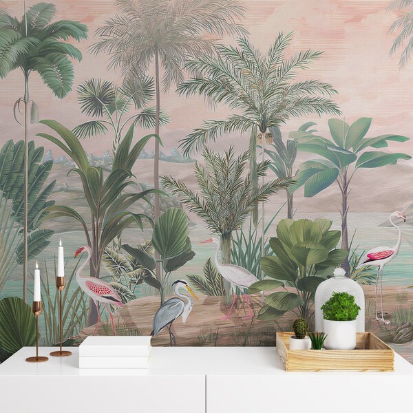 Flamingo Tropical  Wallpaper, Tropical Wallpaper, Peel and Stick Mural Wallpaper, Removable Wallpaper, Self Adhesive, Art Deco Wallpaper