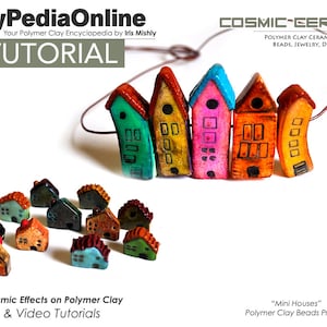 Puede incluir: Miniaturas de casas de arcilla polimérica con efecto cerámica. Las casas están pintadas en colores como verde, rosa y naranja, con tejados marrones. La imagen incluye el texto "Tutorial" y "Mini Houses".