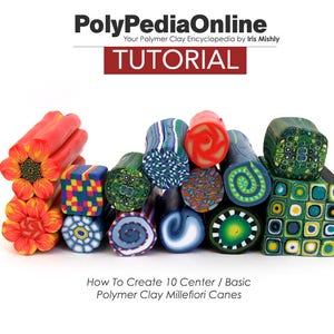 Könnte beinhalten: Eine Sammlung von 10 bunten Polymer Clay Millefiori-Stäben, jeder mit einem anderen Muster. Die Stäbe sind in Pyramidenform angeordnet, mit dem größten Stab unten und dem kleinsten Stab oben. Die Stäbe bestehen aus rotem, orangem, gelbem, grünem, blauem und weißem Polymer Clay. Die Stäbe haben alle einen Durchmesser von etwa 2,5 cm. How To Create 10 Center / Basic Polymer Clay Millefiori Canes
