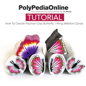 May include: How to Create Polymer Clay Butterfly / Wing Millefiori Canes tutorial.  The image shows a close-up of five polymer clay canes with butterfly designs. The canes are in various colors, including pink, purple, white, and green.