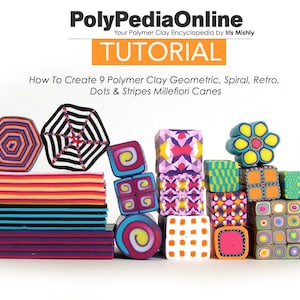 May include: A collection of nine colorful polymer clay canes, each with a different geometric, spiral, retro, dot, or stripe pattern. The canes are stacked on top of each other, creating a visually appealing display. The image includes the text "PolyPediaOnline" and "Tutorial".