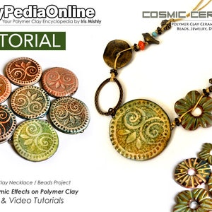 May include: A tutorial for making faux ceramic beads and jewelry using polymer clay. The image shows a necklace with green, brown, and gold beads, and a close-up of several round beads with a swirl design.