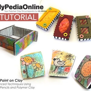 May include: A tutorial on how to paint on polymer clay using colored pencils. The image shows a variety of polymer clay jewelry pieces, including rings, earrings, and a bracelet. The jewelry is decorated with colorful designs, including flowers, birds, and geometric patterns. The text "Paint on Clay" is visible in the image.