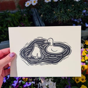 Dykande ankor Linotryck – Original handgjord djurkonst (A5)