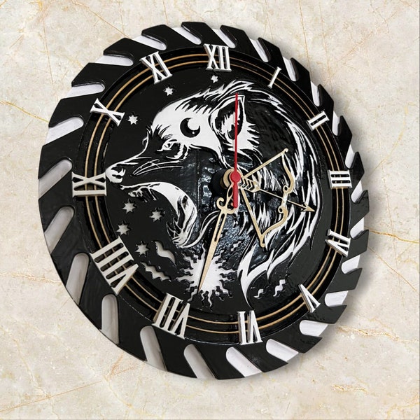 Wood Wall Clock with Embossed Wolf Figure,Silent Clock Mechanism Handmade Clock,Wooden Clock,Wall Decor,Wall Clock Wooden,Wall Hanging Clock