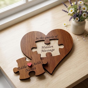 Personalized Wooden Heart Puzzle Keepsake, Engraved Names, Hidden Message Anniversary Gift