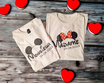 T-shirt couple Mariage, t-shirt duo , cadeau couple, t-shirt mariage , idée cadeau mariage , EVJF , cadeau mariage. OREILLES DISNEY