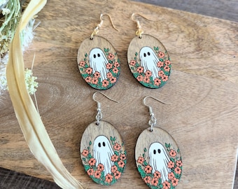 Cute Ghost Earrings - Floral Halloween Earrings - Lightweight Wooden Earrings - Spooky Ghost Jewelry - Fall Aesthetic Gift for Her