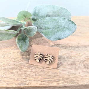 Monstera Leaf Stud Earrings - Handmade Tropical Plant Jewelry - Lightweight Wooden Earrings - Hypoallergenic Earrings - Pine Ridge Engraving