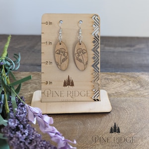 Boho Floral Earrings - Wooden Earrings- Wood Earrings -  Oval Earrings - Wildflower Earrings - Laser Engraved Earrings