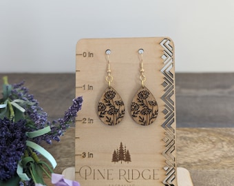 Wildflower Earrings - Teardrop Earrings - Flowers - Wooden Earrings - Laser cut - Laser Engraved