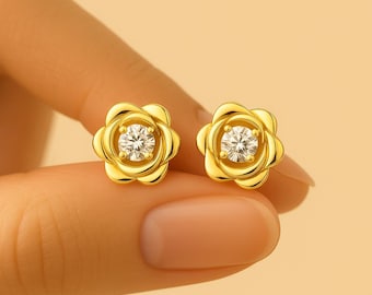 18ct Gold  Stud Earrings: 11mm Floral Design in Luxury Gift Box Included