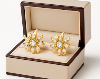 18ct Gold  Stud Earrings: 12mm Sun Design in Luxury Gift Box Included