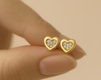 Pendientes de botón de oro de 9 quilates con diseño de corazón, 8 mm, par, en caja de regalo de lujo.