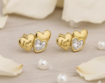 9ct gold stud earrings triple heart design 10mm pair in Luxury Gift Box
