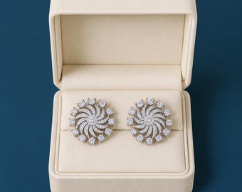 18ct white Gold & Silver Stud Earrings: 15mm Sun Design in Luxury Gift Box Included