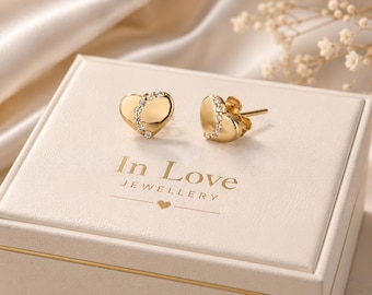 9ct gold stud earrings heart design 10 mm pair in Luxury Gift Box
