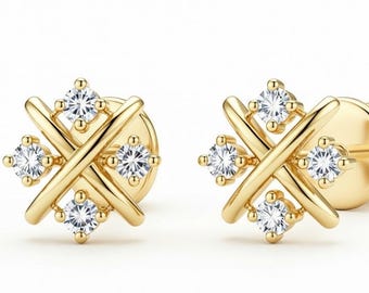 18ct Gold & Silver Stud Earrings : 12mm X cross Design in Luxury Gift Box Included