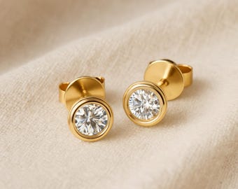 Pendientes de botón redondos de oro de 9 quilates, diseño clásico, 6 mm, par en caja de regalo de lujo.