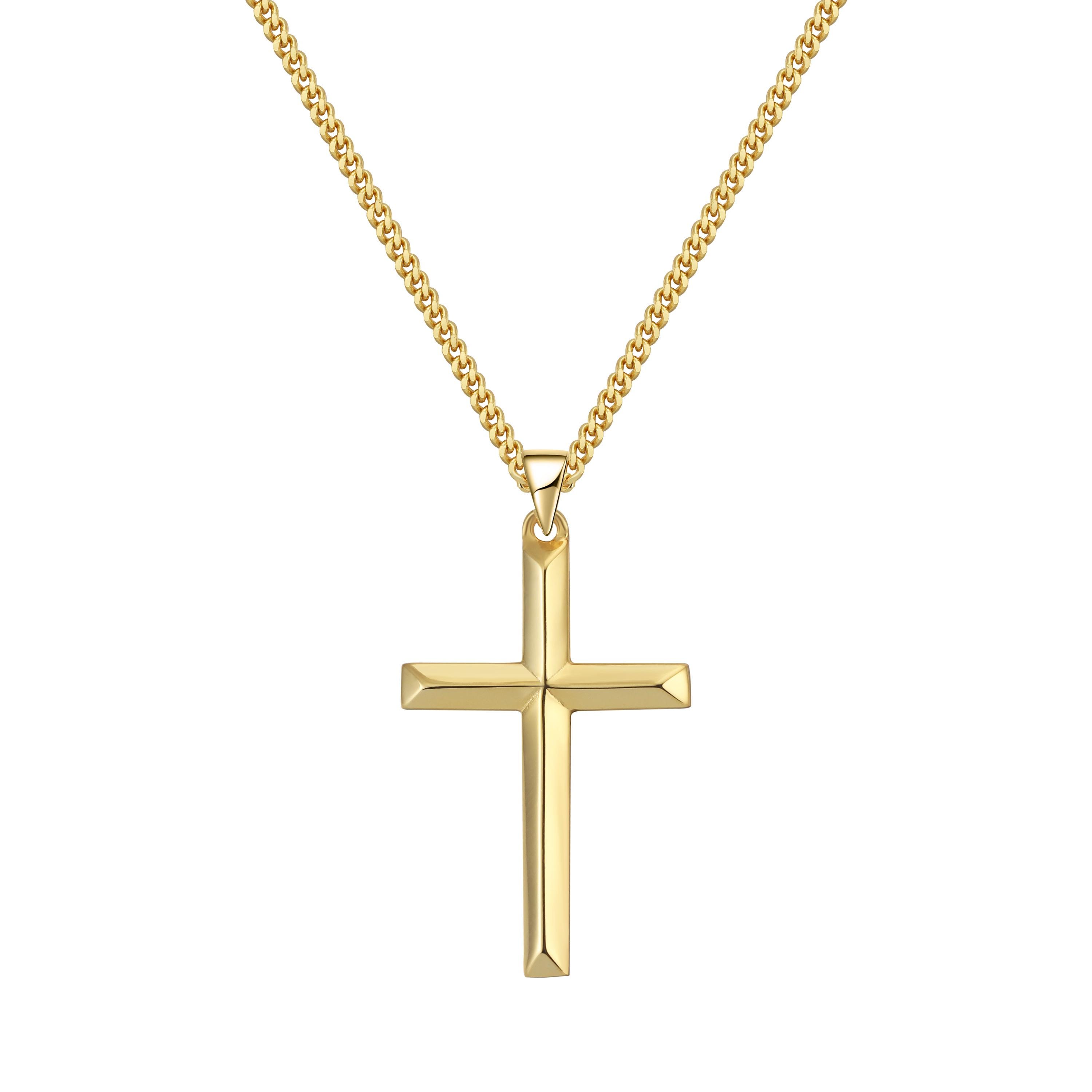 18k Gold on Sterling Silver Cross Pendant Necklace: Curb Chain