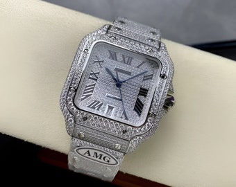 Orologio Moissanite, Orologio Santos, Orologio Cartir Santos, Orologio VVS, Orologio con diamanti, Orologio da uomo, Orologio da uomo, Orologio d'argento, Bracciale Moissanite