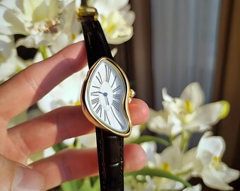 Vintage-Melting-Uhr, Herren-Golduhr, Dali-Uhr, Crash-Uhr, einzigartige Uhr, Lederuhr, Golduhr, Herrenuhr, Luxusuhr