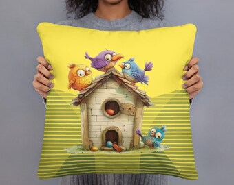 BIRD LOVERS PILLOW case and insert with a funny bird house stamped. Perfect home decoration gift
