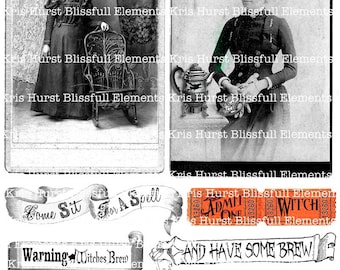 May include: A collection of vintage Halloween-themed graphics. Includes two black and white portraits of a person in a witch hat, banners with text like "Come Sit for a Spell" and "Witches Brew", and cauldron illustrations.