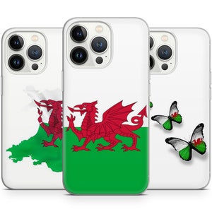 May include: Three clear phone cases with different designs featuring the Welsh flag. The first case has a white background with a red dragon and a green and white map of Wales. The second case has a green and white background with a red dragon. The third case has a white background with two butterflies with the Welsh flag colours.