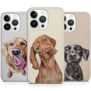 May include: Three iPhone cases featuring different dog breeds. The first case has a golden retriever, the second case has a brown and white Vizsla, and the third case has a black Labrador Retriever.