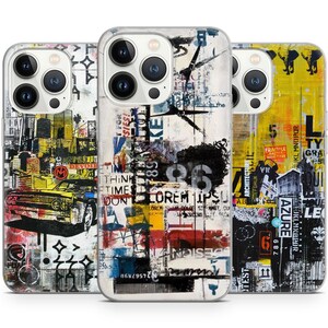 May include: Three iPhone cases with a colourful, abstract design featuring a mix of text, numbers, and geometric shapes. The cases are white with a clear back and a black camera bump.