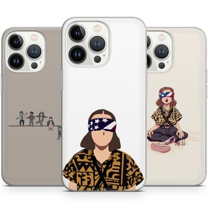 Puede incluir: Tres fundas transparentes para teléfono con diseños diferentes. La primera funda tiene una imagen de dibujos animados de un grupo de personas caminando en una línea. La segunda funda tiene una imagen de dibujos animados de una persona con una venda en los ojos y una camisa a rayas. La tercera funda tiene una imagen de dibujos animados de una persona sentada con las piernas cruzadas.