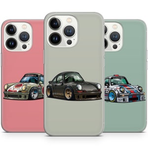 May include: Three phone cases with different colored backgrounds and a cartoon illustration of a vintage race car on each. The phone cases are clear and show the phone's camera lens.