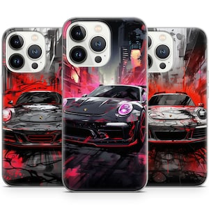 Może przedstawiać: Trzy etui na telefon z czarno-czerwonym wzorem przedstawiającym czarne Porsche. Etui są przezroczyste i pokazują obiektyw aparatu telefonu.