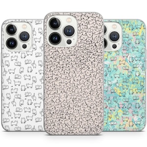 May include: Three iPhone cases with different cat designs. The first case has a white background with black cats. The second case has a light pink background with black cats. The third case has a light blue background with multi-colored cats.