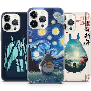 May include: Three phone cases featuring a cartoon character from the animated film My Neighbor Totoro. The cases are designed with different backgrounds: a starry night sky, a forest scene, and a Japanese landscape with text.