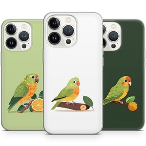 May include: Three phone cases with a green, white and dark green background. Each case features a cartoon illustration of a green and orange parrot perched on a branch with an orange fruit.