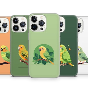 May include: Four phone cases with different coloured backgrounds and illustrations of green and yellow parrots. The cases are all for the iPhone 14 Pro.