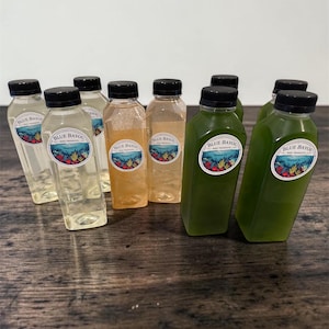May include: A collection of eight clear plastic bottles with black caps, each containing liquid in varying shades of clear, light orange, and dark green. Every bottle features a white oval label with the text Blue Bayou Reef Products.