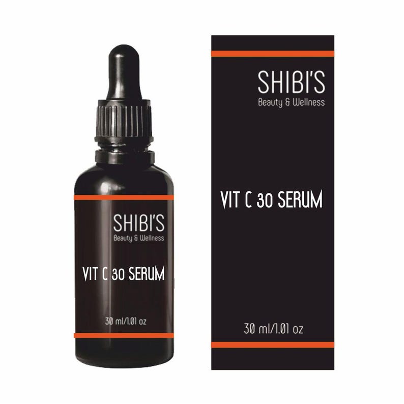 May include: A dark brown glass bottle of SHIBI'S VIT C 30 SERUM with a dropper, next to a black box. The bottle and box have orange accents and white text. The bottle contains 30 ml / 1.01 oz of serum. The product is for beauty and wellness.