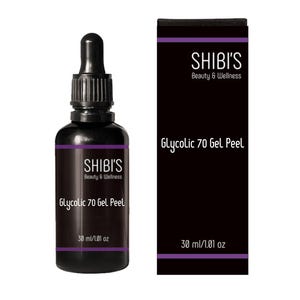 May include: A black bottle of SHIBI'S Glycolic 70 Gel Peel with a dropper, next to a black box with the same product information. The bottle and box have white text and a purple stripe. The bottle contains 1.01 oz of product.