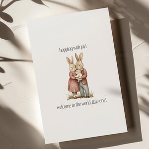 Biglietto di auguri per neonato stampabile/Biglietto di auguri per la famiglia di coniglietti/Download digitale/Congratulazioni per il neonato/Festa/Download immediato/Stampa a casa/Vuoto